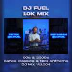 A promotional graphic for "DJ Fuel 10K Mix" featuring a central video
