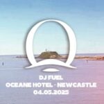 An event flyer featuring a white logo overlaid on a coastal landscape with a lighthouse in the distance, promoting "DJ FUEL" at "OCEANE HOTEL - NEWCASTLE" on "04.05.2025."